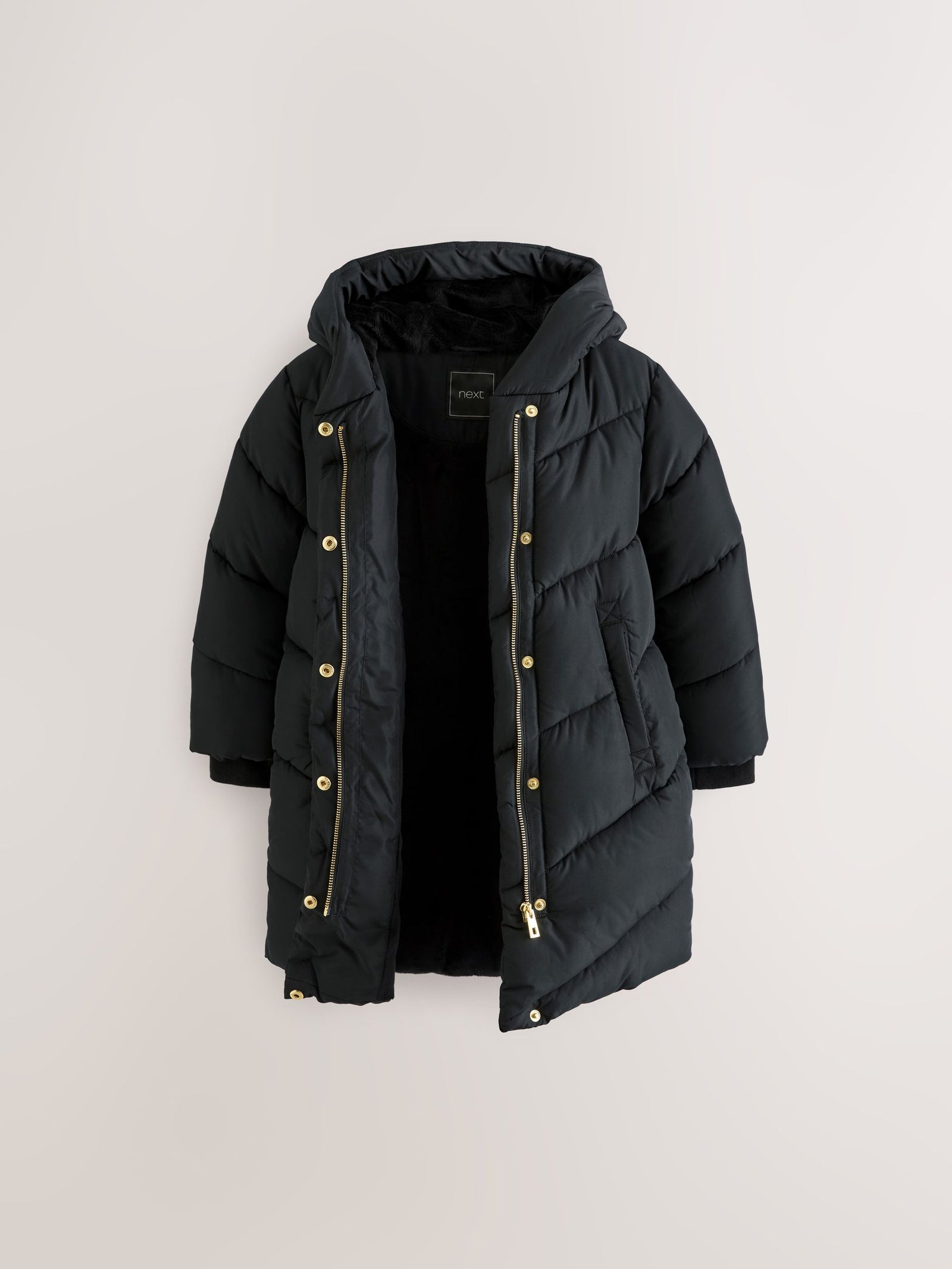 Black Shower Resistant Faux Fur Lined Hooded Padded Coat (3-16yrs)