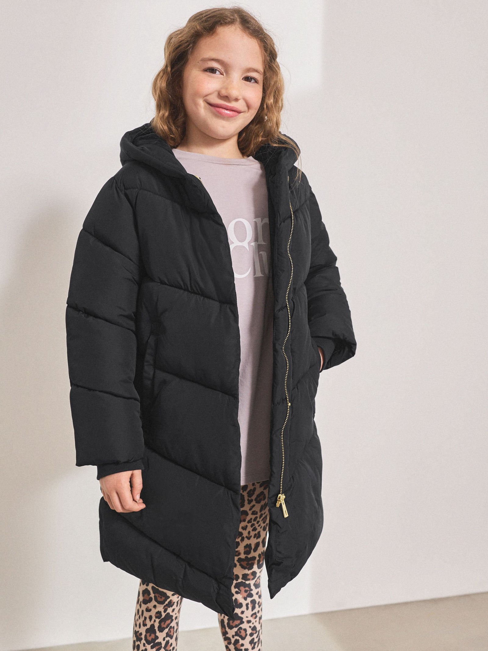 Black Shower Resistant Faux Fur Lined Hooded Padded Coat (3-16yrs)