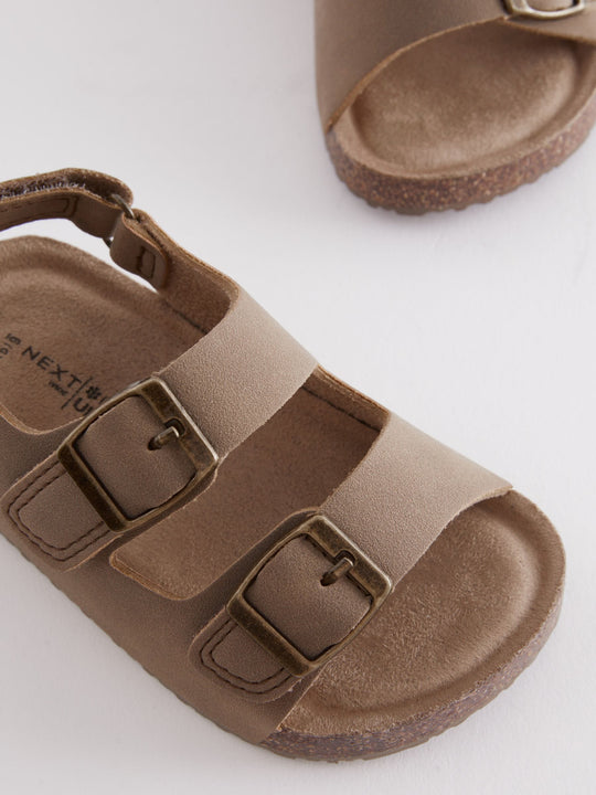 Stone Beige Wide Fit (G) Double Buckle Cushioned Footbed Sandals
