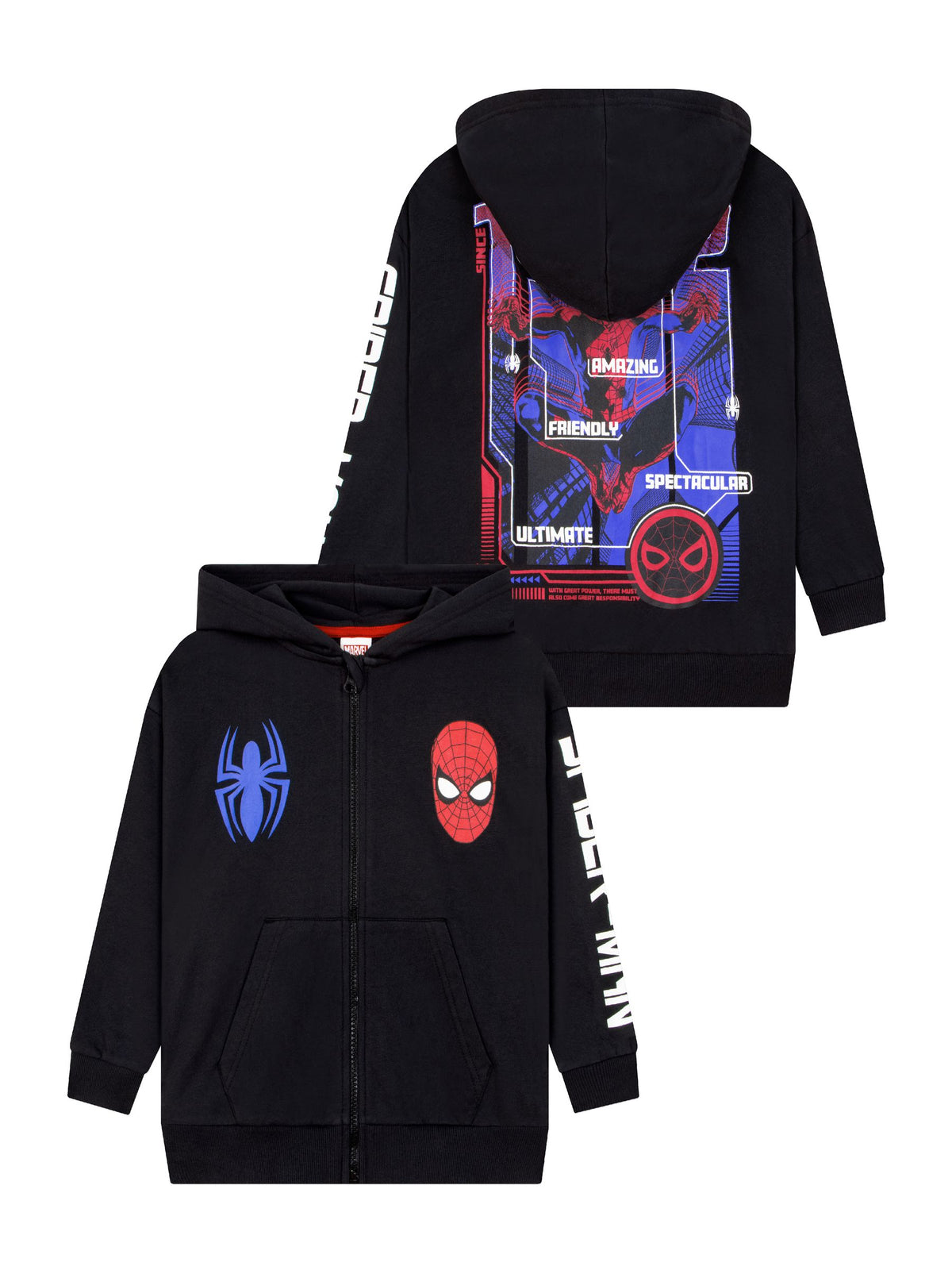 Character Black Marvel Spiderman Zip Through Hoodie With 1962 Back Print