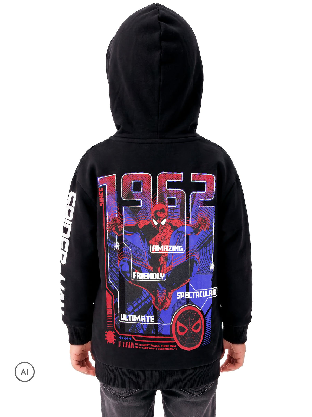 Character Black Marvel Spiderman Zip Through Hoodie With 1962 Back Print