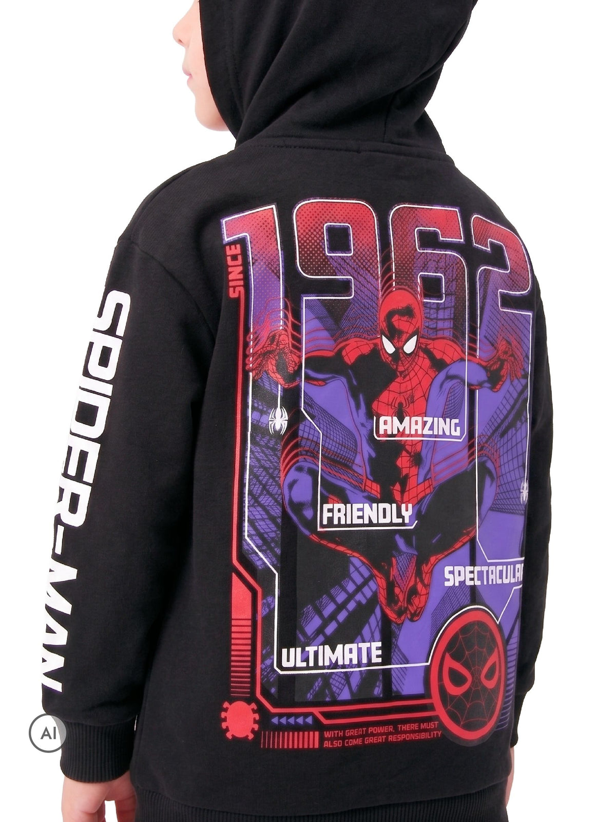 Character Black Marvel Spiderman Zip Through Hoodie With 1962 Back Print
