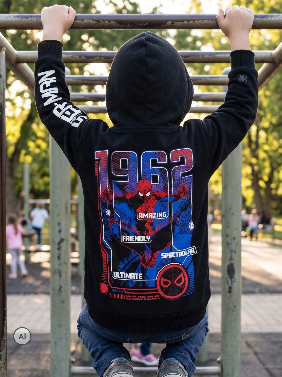 Character Black Marvel Spiderman Zip Through Hoodie With 1962 Back Print