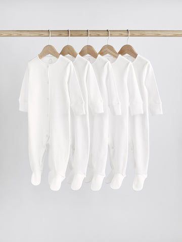 White 5 Pack 100% Cotton Baby Sleepsuits (0-18mths)