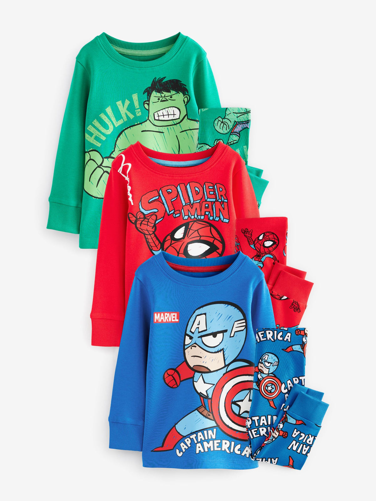 Marvel Red/Green/Blue Snuggle Pyjamas 3 Pack (9mths-8yrs)