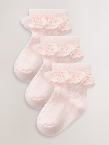 Pink Lace Baby Socks 3 Pack (0mths-2yrs)