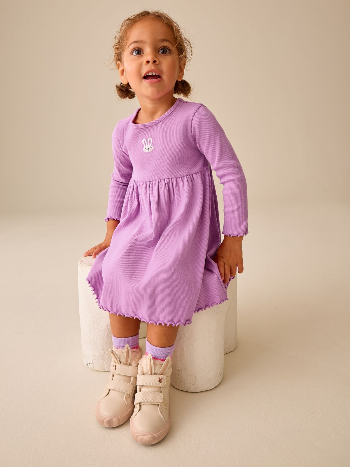 Lilac Bunny Embroidery Long Sleeve Ribbed Dress (3mths-7yrs)