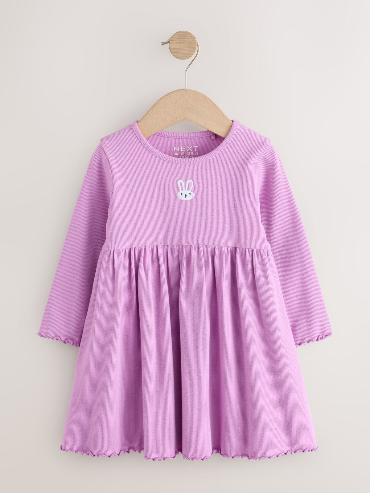 Lilac Bunny Embroidery Long Sleeve Ribbed Dress (3mths-7yrs)