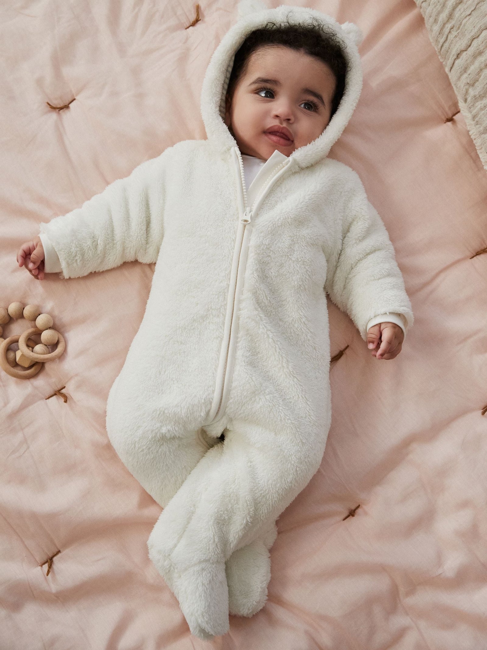 Ecru Baby Cosy Fleece Hooded All-In-One immediate