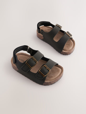 Black Wide Fit (G) Double Buckle Cushioned Footbed Sandals