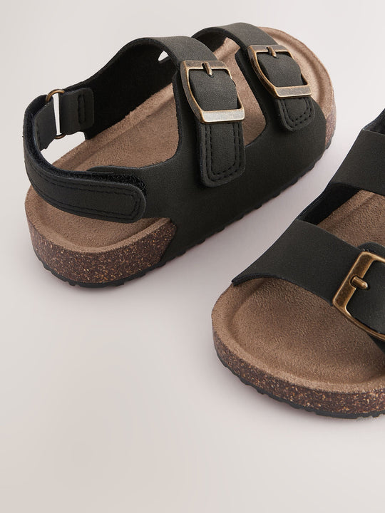 Black Wide Fit (G) Double Buckle Cushioned Footbed Sandals