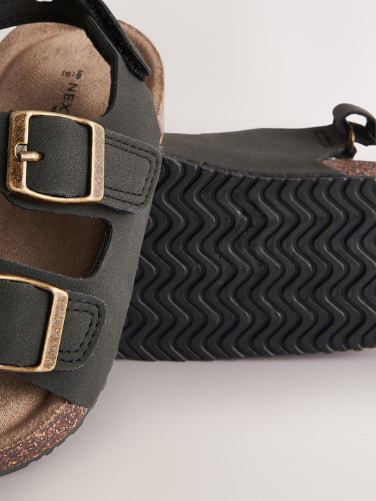 Black Wide Fit (G) Double Buckle Cushioned Footbed Sandals