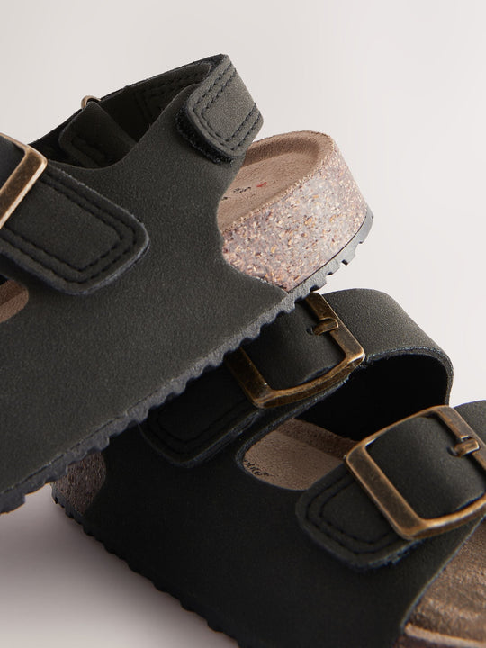 Black Wide Fit (G) Double Buckle Cushioned Footbed Sandals