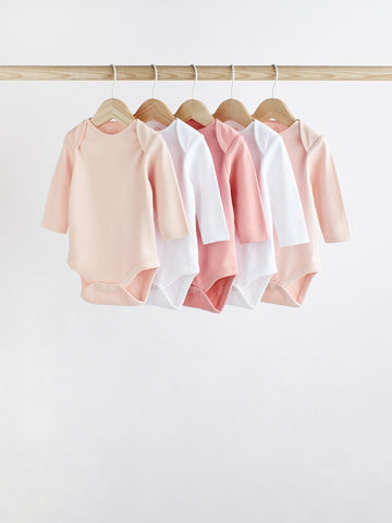 Pink/White 5 Pack Essential Long Sleeve Baby Bodysuits