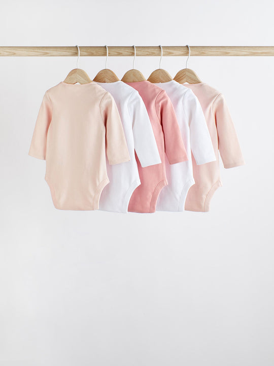 Pink/White 5 Pack Essential Long Sleeve Baby Bodysuits