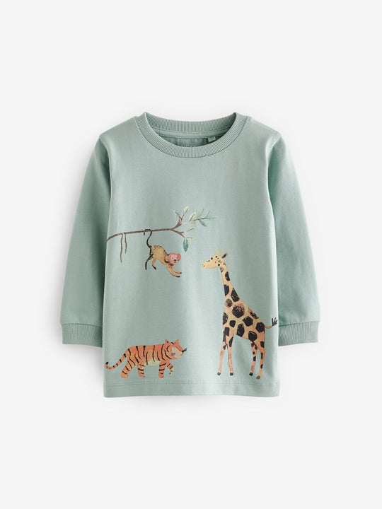 Blue/Yellow Safari Long Sleeve Animal Print Character T-Shirts 3 Pack (3mths-7yrs)