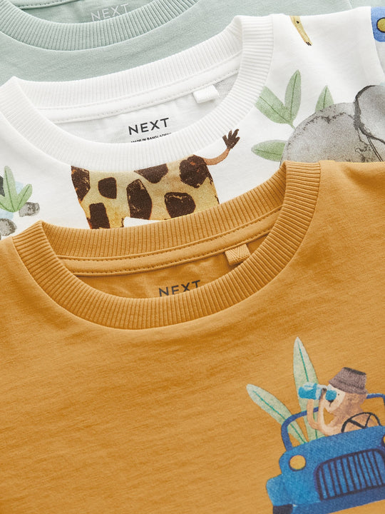 Blue/Yellow Safari Long Sleeve Animal Print Character T-Shirts 3 Pack (3mths-7yrs)