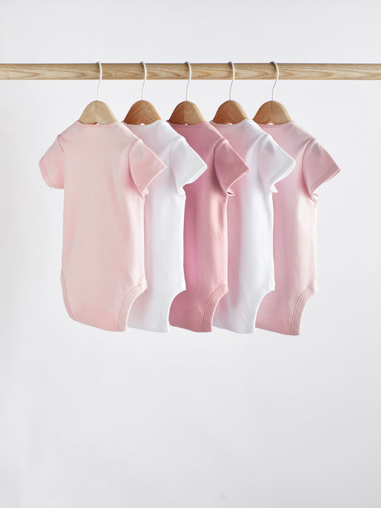 Pink/White 5 Pack Essential Short Sleeve Baby Bodysuits