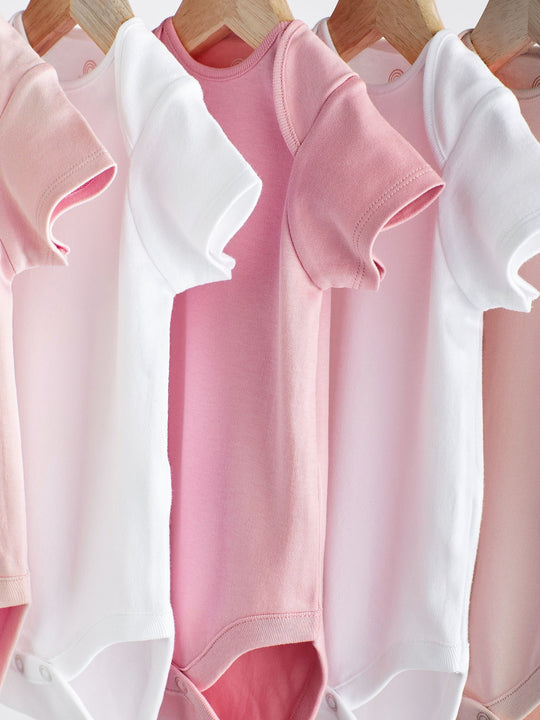 Pink/White 5 Pack Essential Short Sleeve Baby Bodysuits
