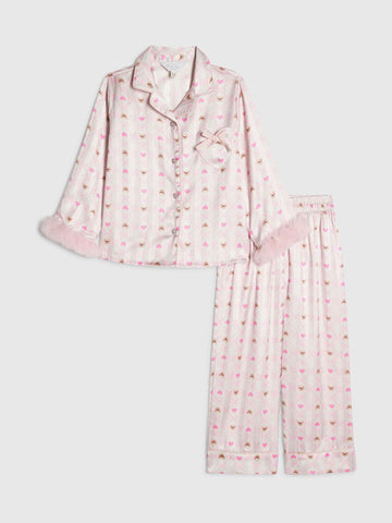 River Island Cream Bow Bear Fur Cuff Satin Pyjamas