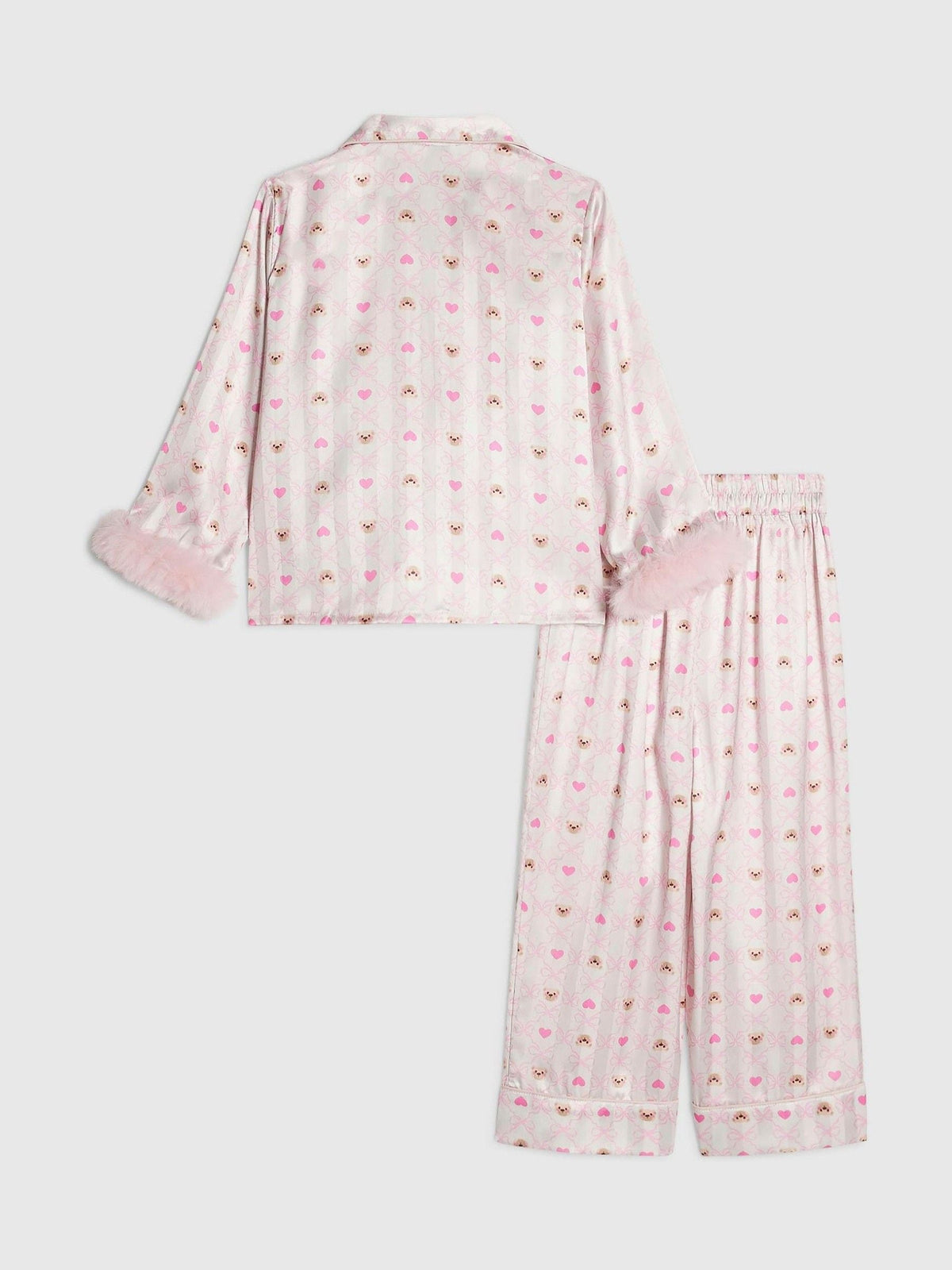 River Island Cream Bow Bear Fur Cuff Satin Pyjamas