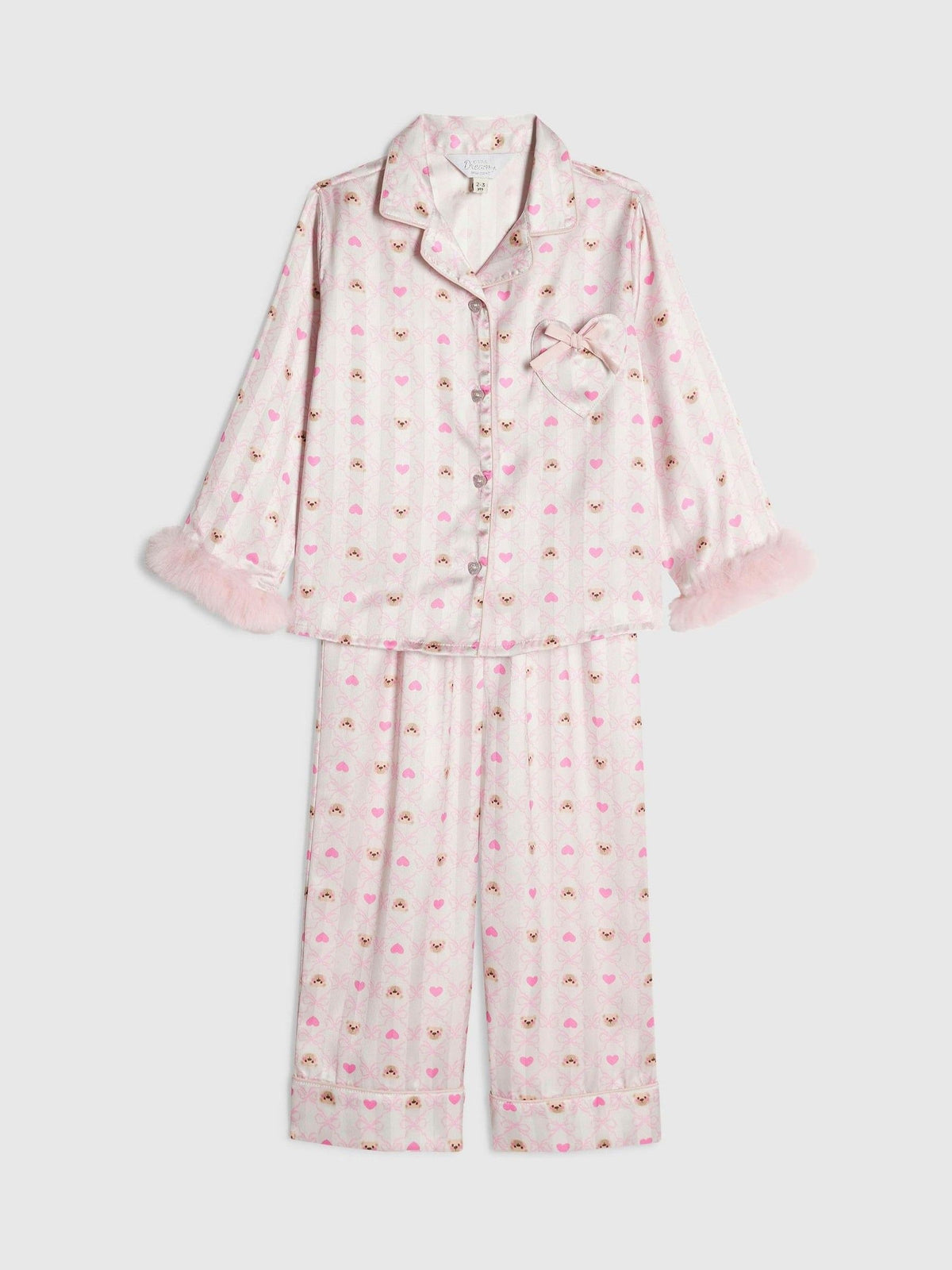 River Island Cream Bow Bear Fur Cuff Satin Pyjamas