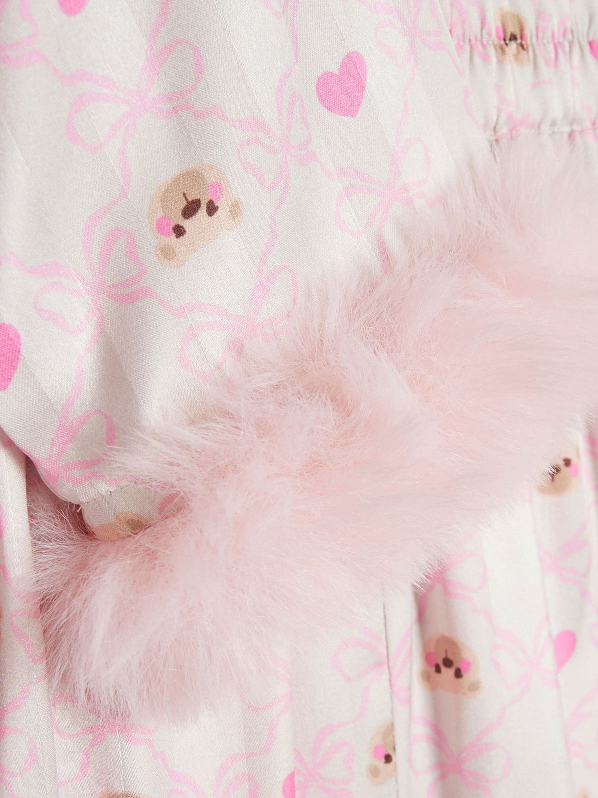River Island Cream Bow Bear Fur Cuff Satin Pyjamas