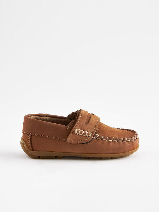 Tan Brown Standard Fit (F) Leather Penny Loafers with Touch and Close Fastening