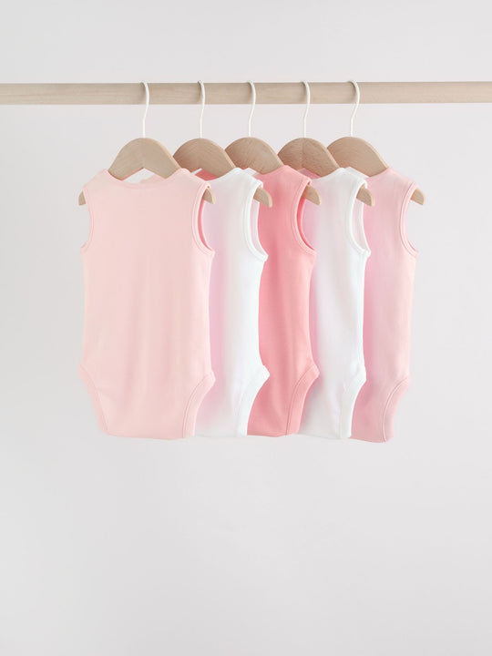 Pink/White 5 Pack Essential Vest Baby Bodysuits