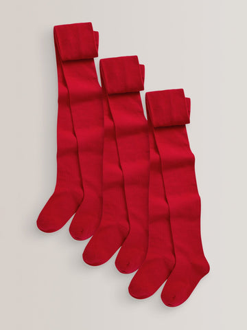 Red Regular Length 3 Pack Cotton Rich School Tights