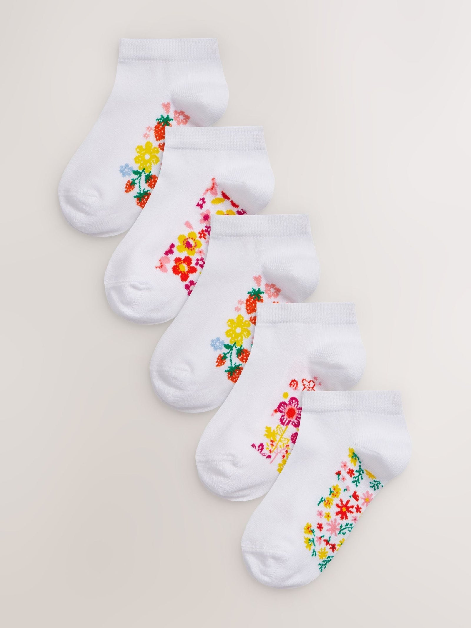 White Floral 5 Pack Cotton Rich Footbed Trainer Socks