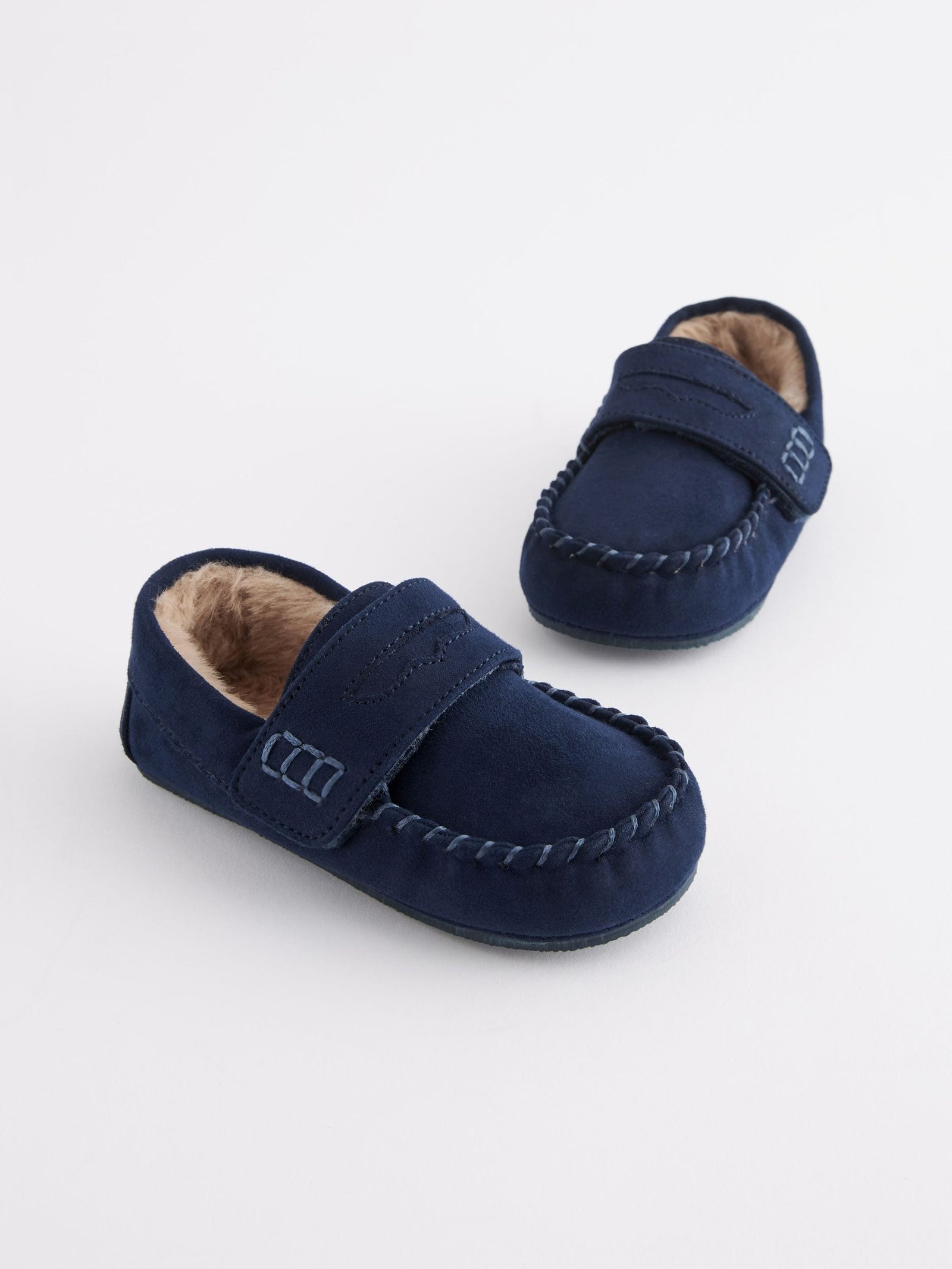 Navy Touch Fastening Moccasin Slippers