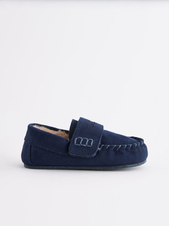 Navy Touch Fastening Moccasin Slippers
