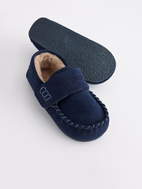Navy Touch Fastening Moccasin Slippers