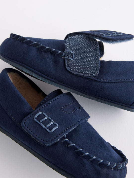 Navy Touch Fastening Moccasin Slippers