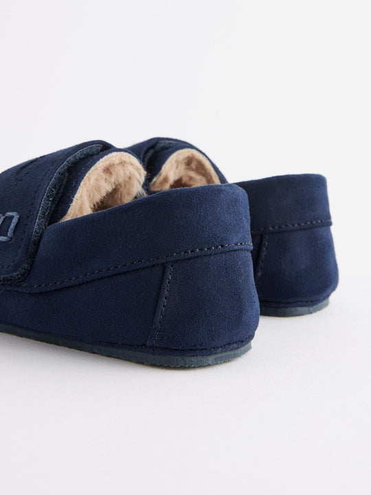 Navy Touch Fastening Moccasin Slippers