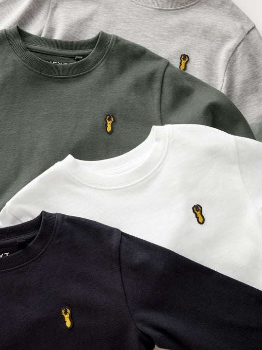 Black/White/Grey Stag Logo Long Sleeve Cosy T-Shirts 4 Pack (3-16yrs)