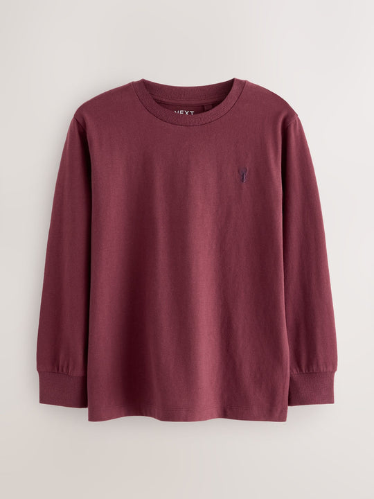 Berry Red/Grey/White/Blue Stag Logo Long Sleeve Cosy T-Shirts 4 Pack (3-16yrs)