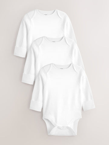 White 3 Pack Kind To Skin Long Sleeve Baby Bodysuits
