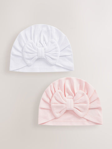 Pink/White Big Bow 2 Pack Baby Turbans (0-18mths)