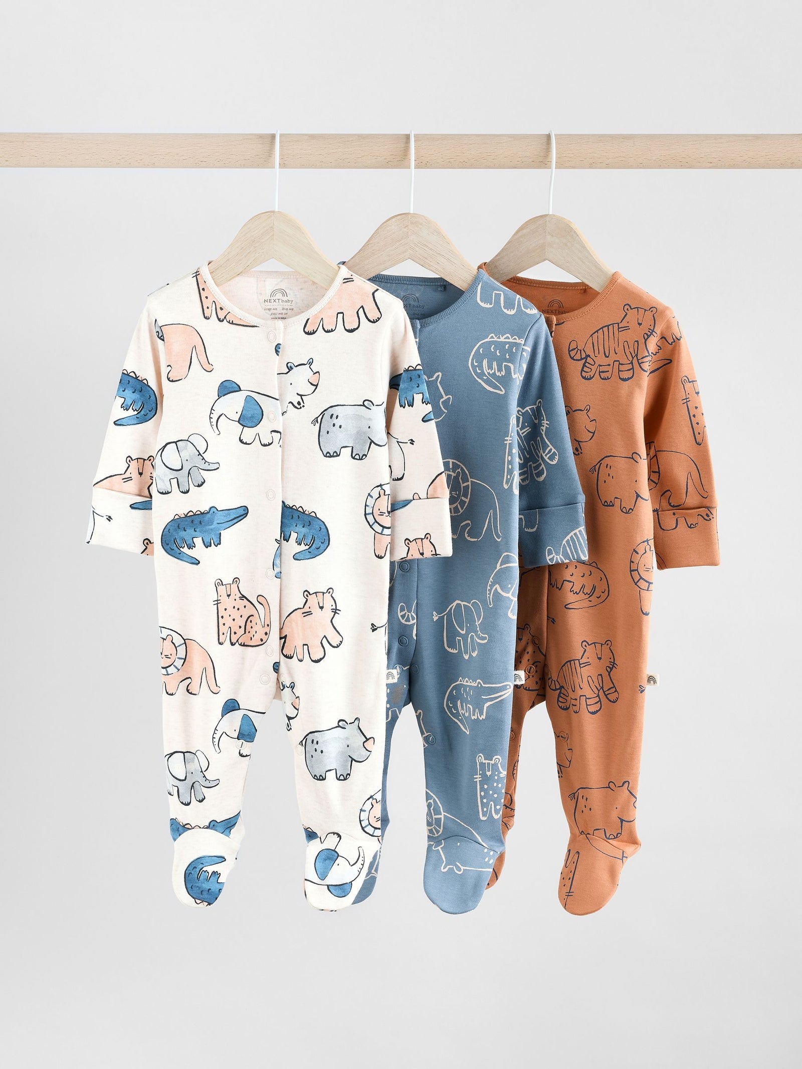 Brown/Blue Baby Sleepsuits 3 Pack (0mths-3yrs)