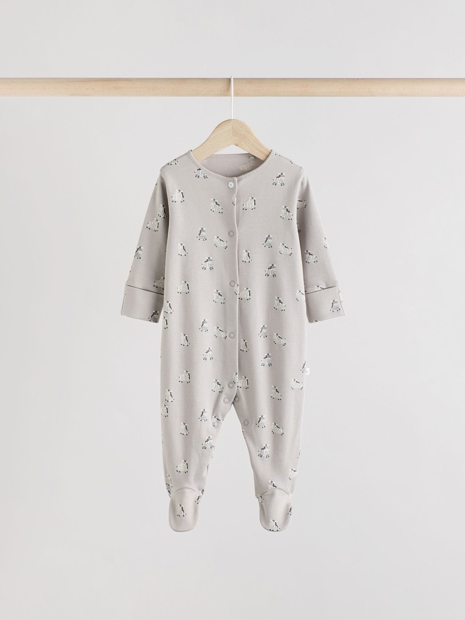 Grey 3 Pack Zebra 100% Cotton Baby Sleepsuits (0-2yrs)