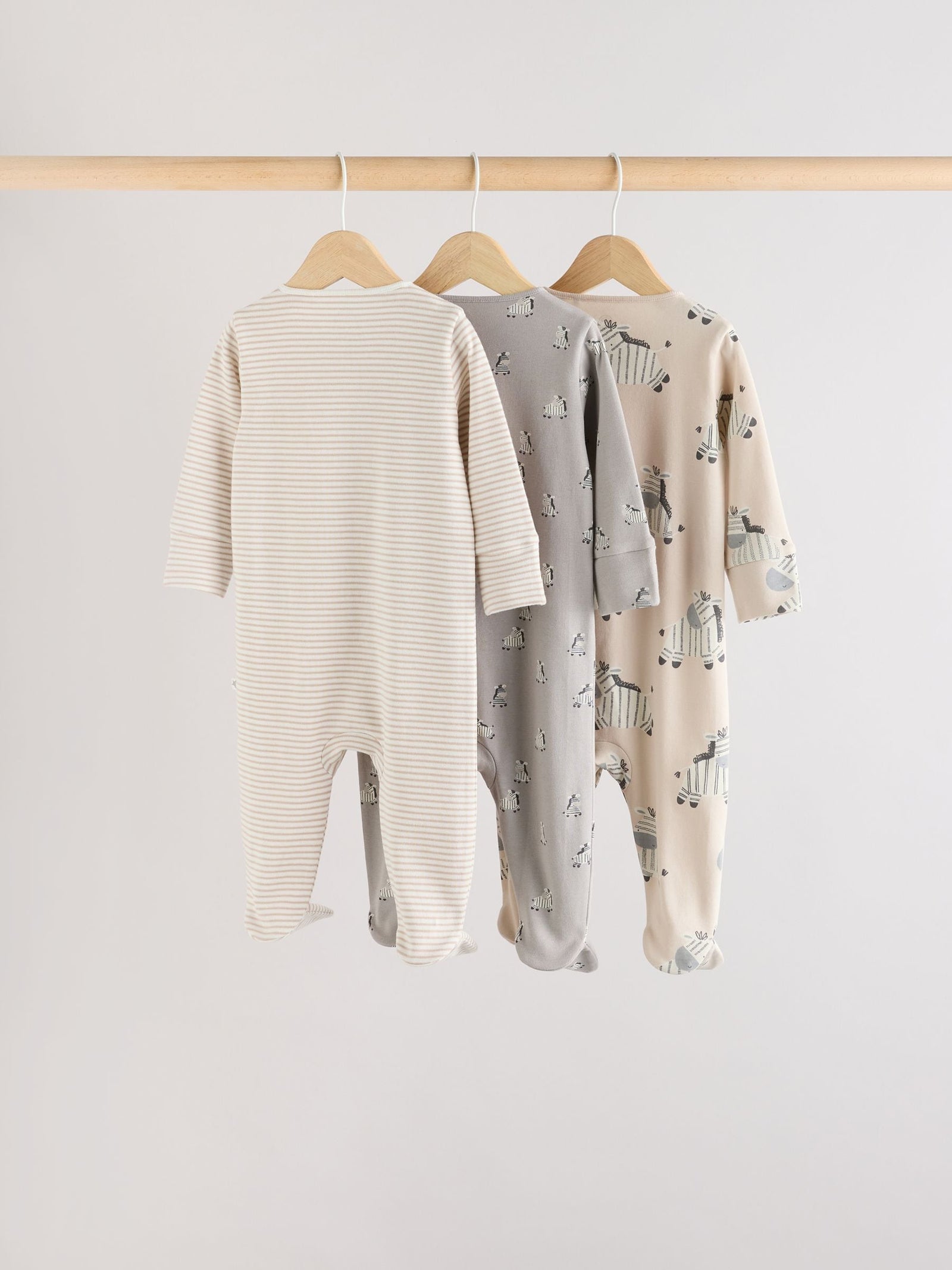 Grey 3 Pack Zebra 100% Cotton Baby Sleepsuits (0-2yrs)