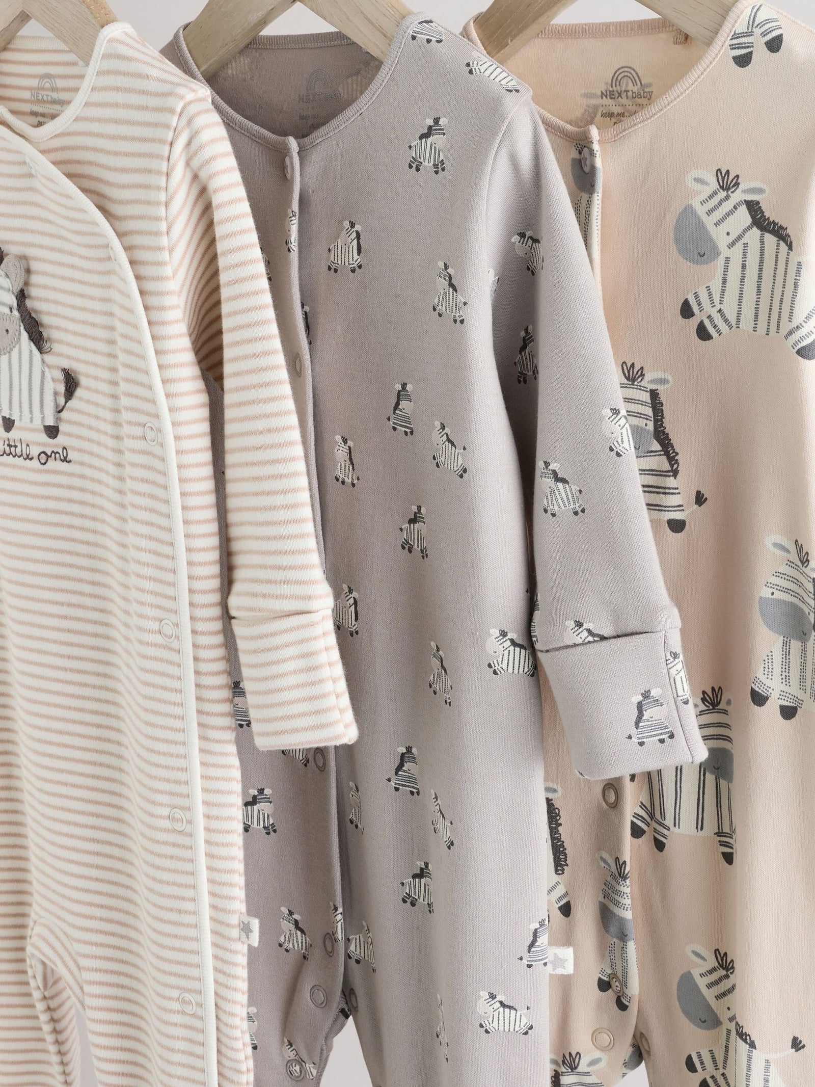 Grey 3 Pack Zebra 100% Cotton Baby Sleepsuits (0-2yrs)