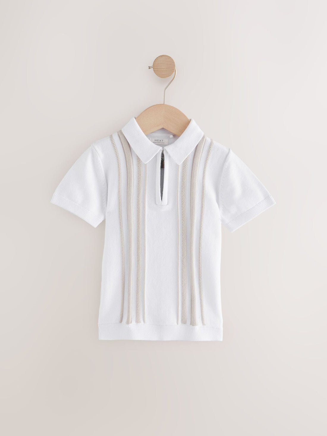 White Vertical Stripe 100% Cotton Knitted Zip Neck Polo Shirt (3mths-7yrs)