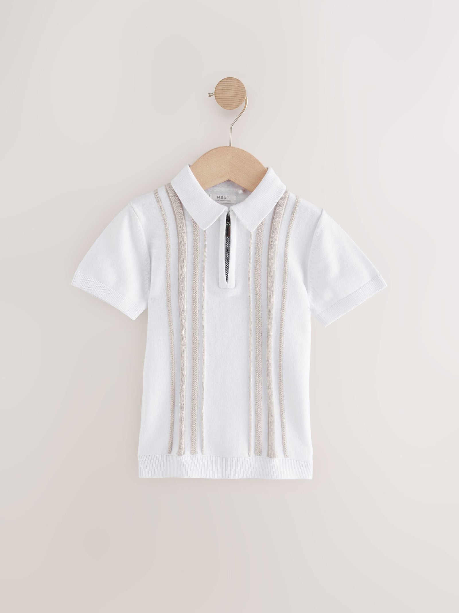 White Vertical Stripe 100% Cotton Knitted Zip Neck Polo Shirt (3mths-7yrs)