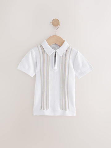 White Vertical Stripe 100% Cotton Knitted Zip Neck Polo Shirt (3mths-7yrs)