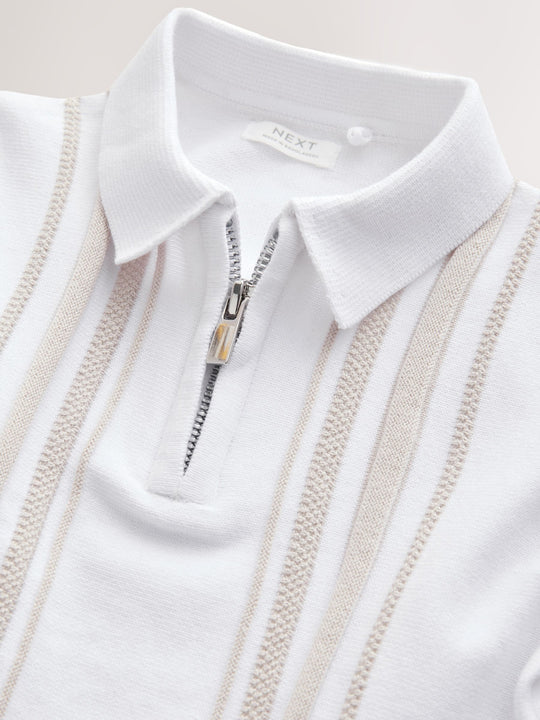 White Vertical Stripe 100% Cotton Knitted Zip Neck Polo Shirt (3mths-7yrs)