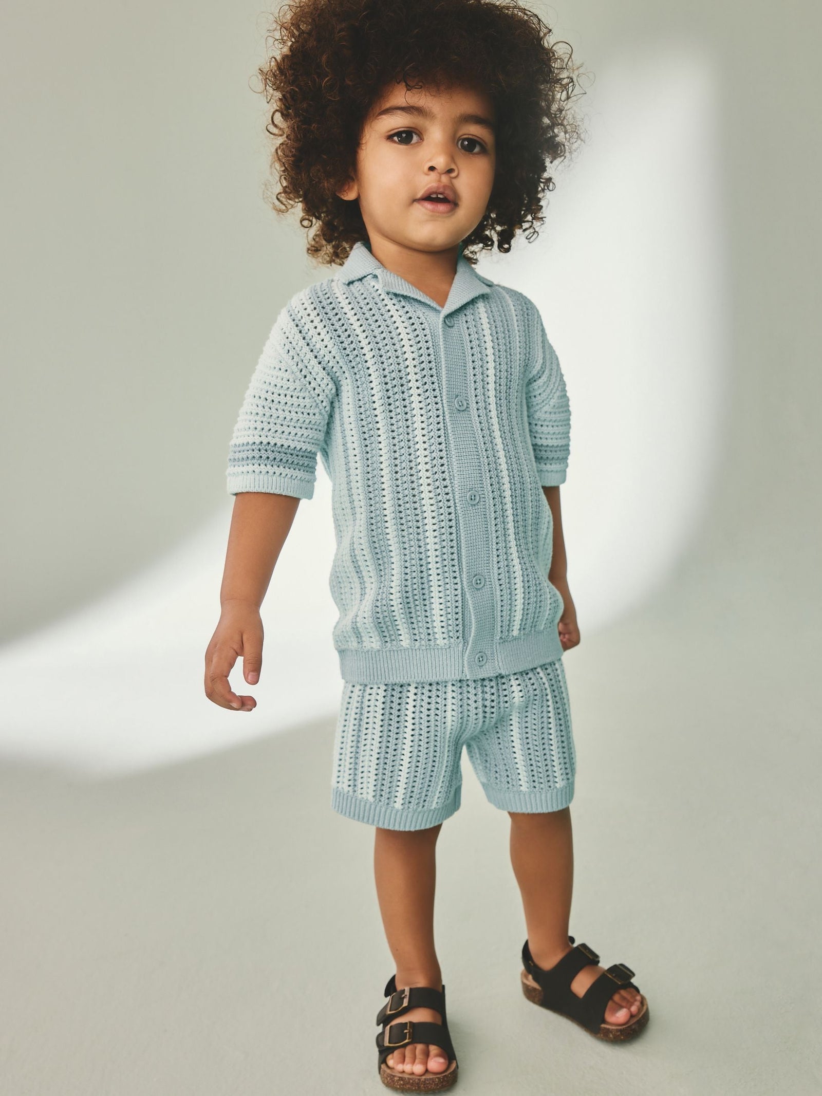 Blue Crochet Knitted Short Sleeve Shirt and Shorts Set (3mths-10yrs)