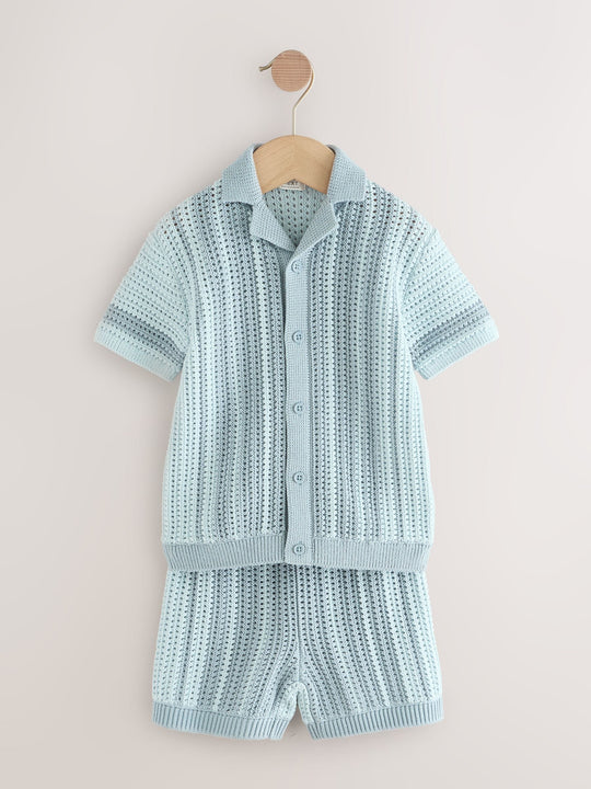 Blue Crochet Knitted Short Sleeve Shirt and Shorts Set (3mths-10yrs)
